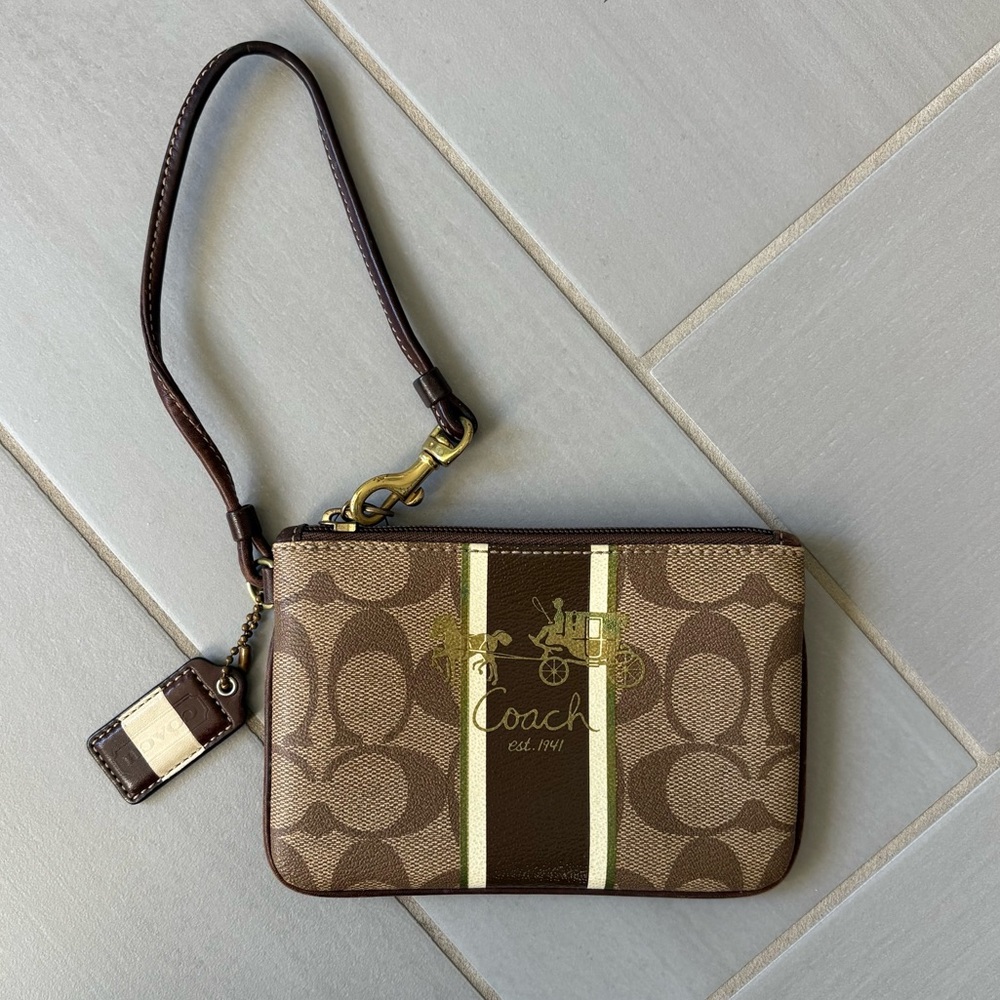 Coach Brown and Cream Signature Wristlet with Heritage Stripe
